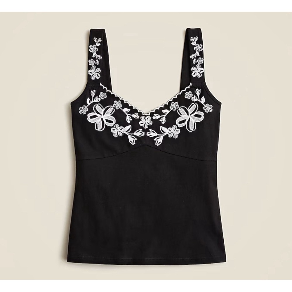 J Crew Embroidered tank top in broken-in jersey Size Medium In Black New NWT